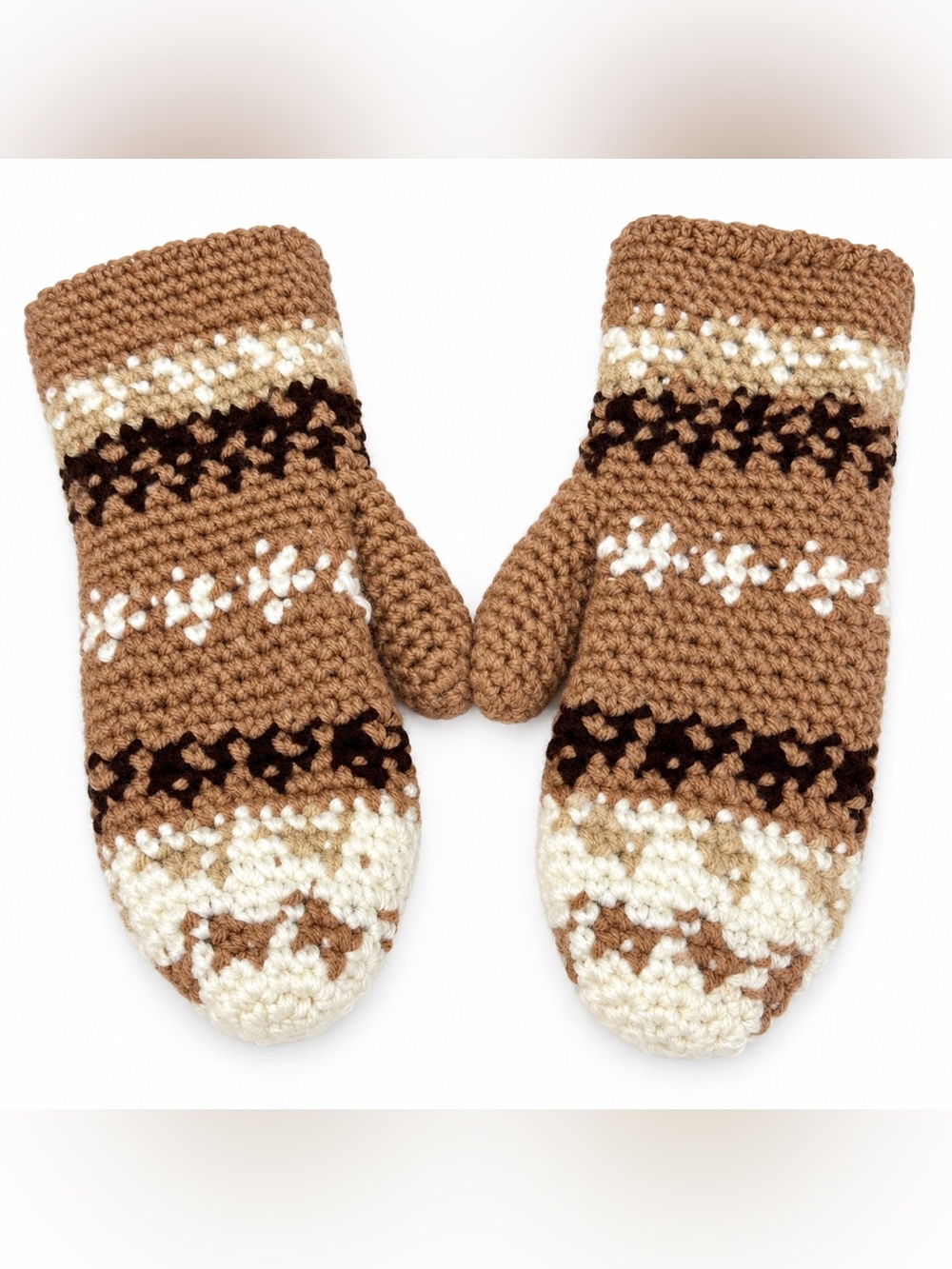 Handmade Crochet Mittens Thick Chunky Brown Cream Boho Cottagecore Winter